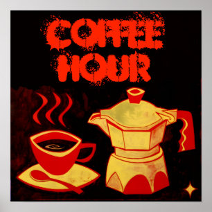 KOFFIE UUR /Rood Gele Koffiekop en Koffiepot Poster
