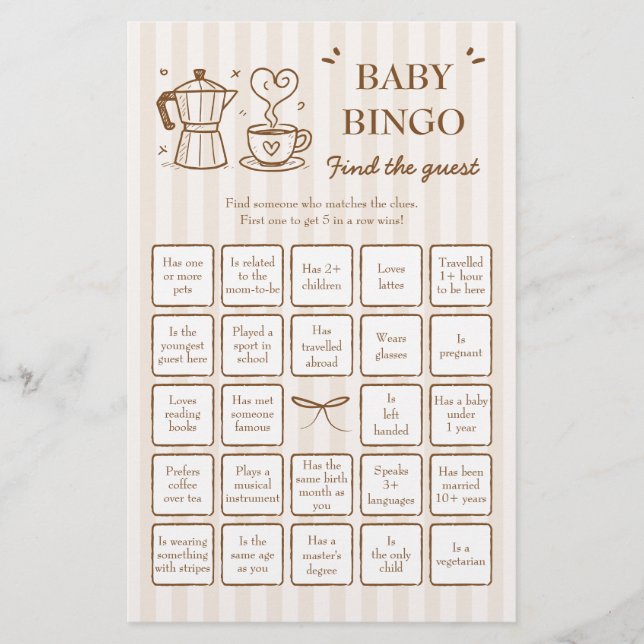 Koffie Vind de Gast Baby Bingo Spel (Voorkant)