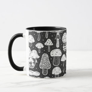 Koffie voor champignons, zwart en wit mok