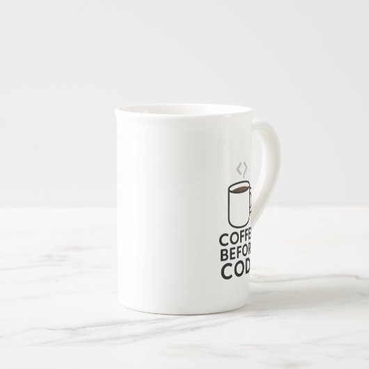 Koffie Voor Code — Minimale mok met codestoom (Voorkant rechts)