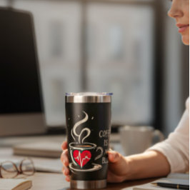 Koffie zit in mijn bloed geïsoleerde drinkbeker