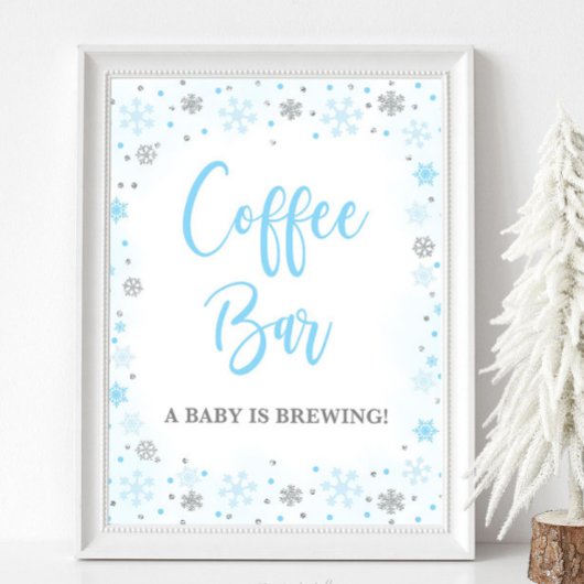 Koffiebar Winter Blauw & Zilver Baby shower Teken Poster