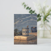 Koffiebeker Boek Kaars Blauwe Hemelwolken Briefkaart (Staand voorkant)