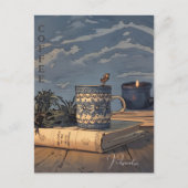 Koffiebeker Boek Kaars Blauwe Hemelwolken Briefkaart (Voorkant)