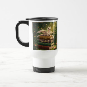 koffiebeker draak op stapel boeken - I am booked Reisbeker