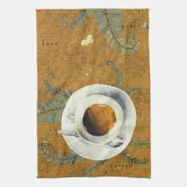 Koffiebeker, liefde, vrede, kersen, kannen theedoek