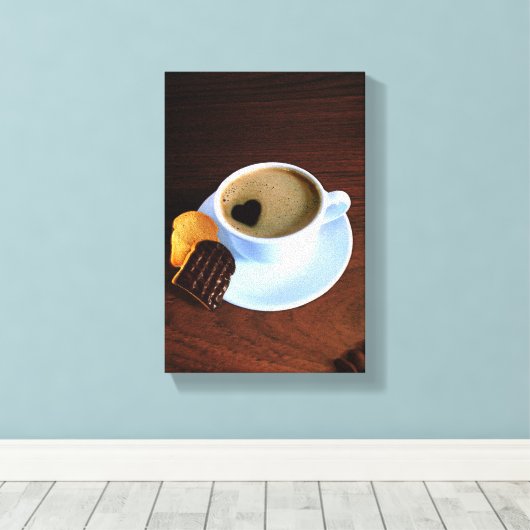 Koffiebeker met hartverwarmd schuim canvas afdruk (Insitu (Houten vloer))
