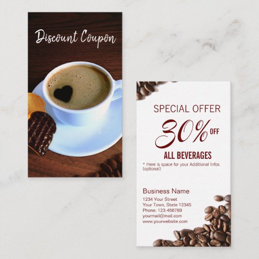 Koffiebeker met hartverwarmd schuim kortingskaartje (Voorkant / Achterkant)