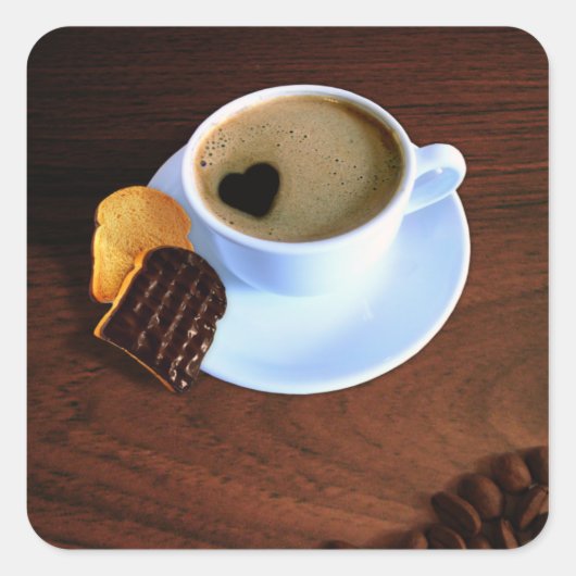 Koffiebeker met hartverwarmd schuim vierkante sticker (Voorkant)