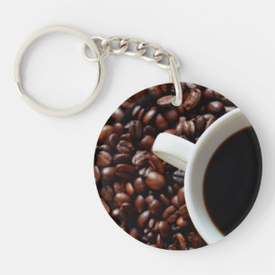 Koffiebeker met koffie, koffiebonen sleutelhanger