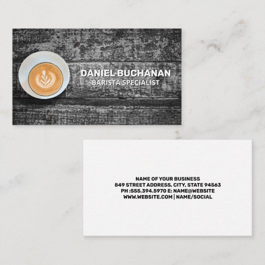 Koffiebeker op houten tafel visitekaartje (Voorkant / Achterkant)