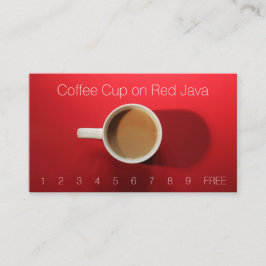 Koffiebeker op rode tafel visitekaartje