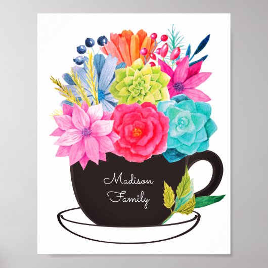 Koffiebeker roze rode bloemen keukenPoster Poster (Voorkant)