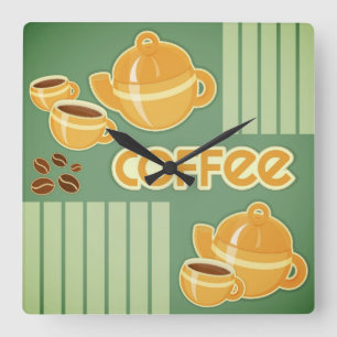 Koffiebekers, koffiepotten en koffiebonen vierkante klok