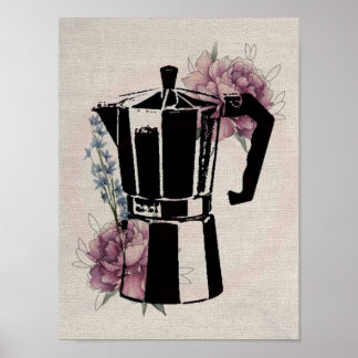 koffiebloemen pot inkt rozen poster