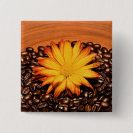 Koffiebonen en Gele Daisy Vierkante Button 5,1 Cm