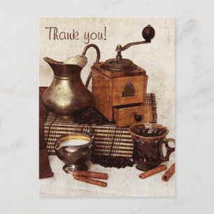 Koffiebonen en oude koffiemolen bedankkaart briefkaart