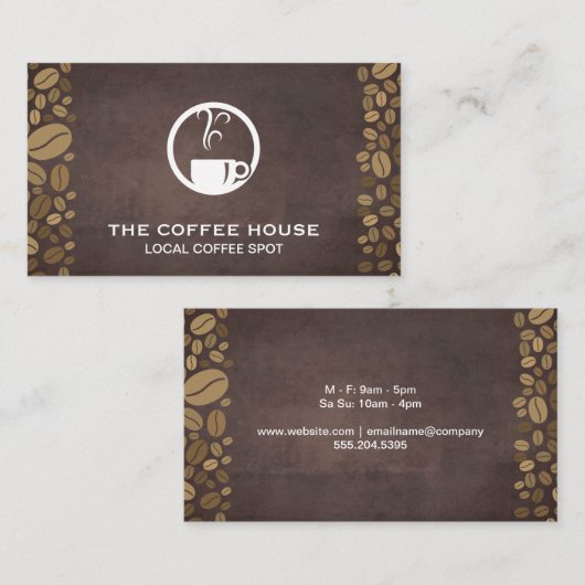 Koffiebonen en stomende mok visitekaartje (Voorkant / Achterkant)