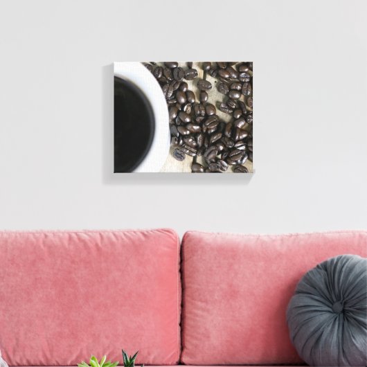 Koffiebonen met een Koffiebeker op een krat van 8 Canvas Afdruk (Insitu (Woonkamer))