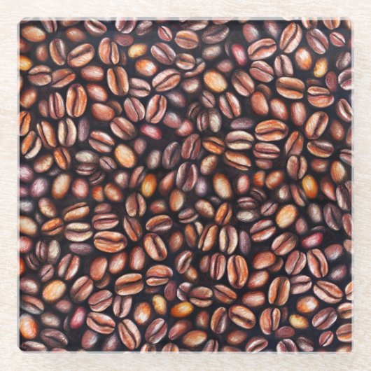 Koffiebonen Potlood Tekenpatroon Roestbruin Glazen Onderzetter (Voorkant)