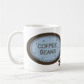 Koffiebonen tekenen in blauw en bruin koffiemok (Links)