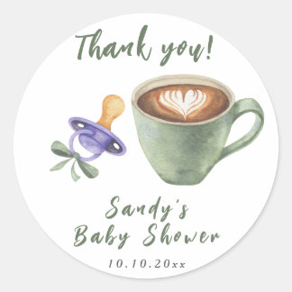 Koffiebrouwende fopspeen Boog Babyshower Bedankt Ronde Sticker