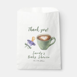 Koffiebrouwende fopspeen met groene strik baby sho bedankzakje