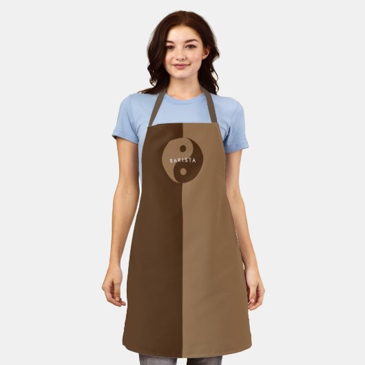 Koffiebruin barista schort met Yin Yang ontwerp (Gedragen)