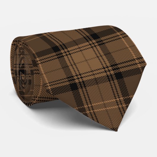 Koffiebruin en zwart Tartan Plak Patroon Stropdas (Opgerold)