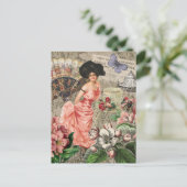 Koffiedame Victoriaanse vrouw roze rijke japon Briefkaart (Staand voorkant)