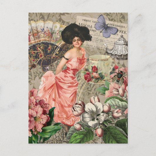 Koffiedame Victoriaanse vrouw roze rijke japon Briefkaart (Voorkant)