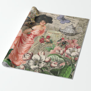 Koffiedame Victoriaanse vrouw roze rijke japon Cadeaupapier