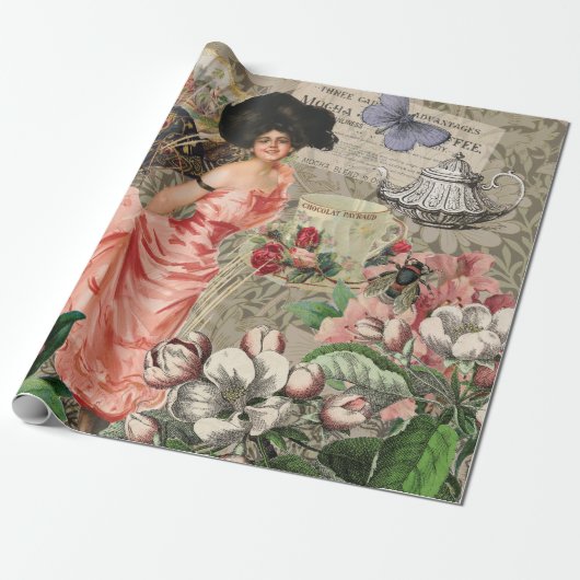 Koffiedame Victoriaanse vrouw roze rijke japon Cadeaupapier (Uitgerold)