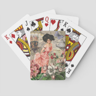 Koffiedame Victoriaanse vrouw roze rijke japon Pokerkaarten