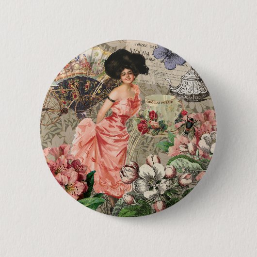 Koffiedame Victoriaanse vrouw roze rijke japon Ronde Button 5,7 Cm (Voorkant)