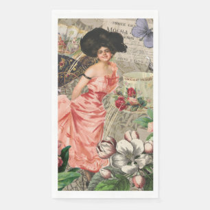 Koffiedame Victoriaanse vrouw roze rijke japon Servet