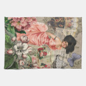Koffiedame Victoriaanse vrouw roze rijke japon Theedoek (Horizontaal)
