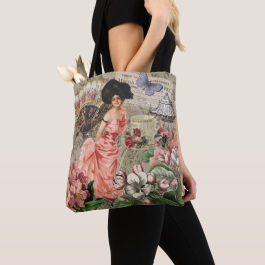 Koffiedame Victoriaanse vrouw roze rijke japon Tote Bag (Dichtbij)