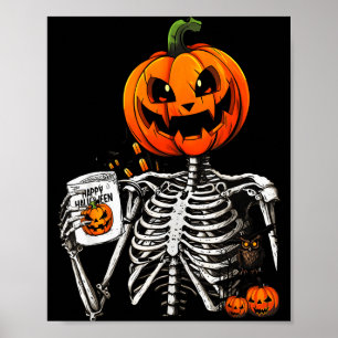 Koffiedrinkend Skelet Pompoen Halloween Kostuum Poster