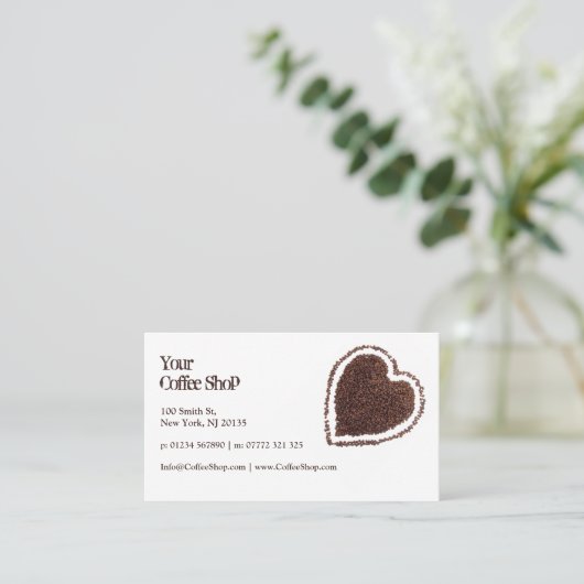 Koffiefoto van Heart Shaped Coffee Bean, White Bus Visitekaartje (Staand voorkant)
