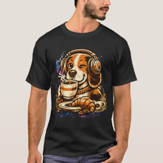 Koffiehond met koptelefoon Schattige Beagle Ochten T-shirt