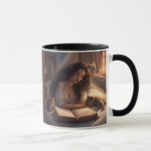 Koffiekatten & boeken vrouw lezend op bed met katt mok