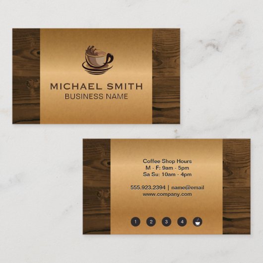 Koffiekop | Bronzen Metalen Hout Klantenkaartje (Voorkant / Achterkant)