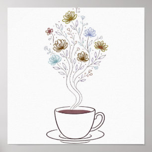 Koffiekop met bloemige stoomlijn Kunst Poster