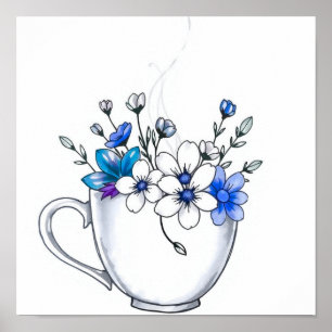 Koffiekop met bloemige stoomlijn Kunst Poster