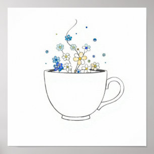 Koffiekop met bloemrijke stoomlijn Kunst Poster