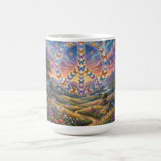 Koffiekop met kleurrijk nachtbeeld van vredesteken koffiemok