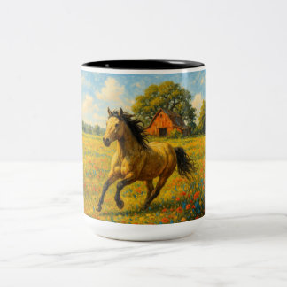 Koffiekop met rennend paard origineel kunstwerk tweekleurige koffiemok