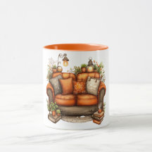 Koffiekop met warme tinten van bank en bloemen