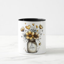 Koffiekop met weckpot vol bloemen